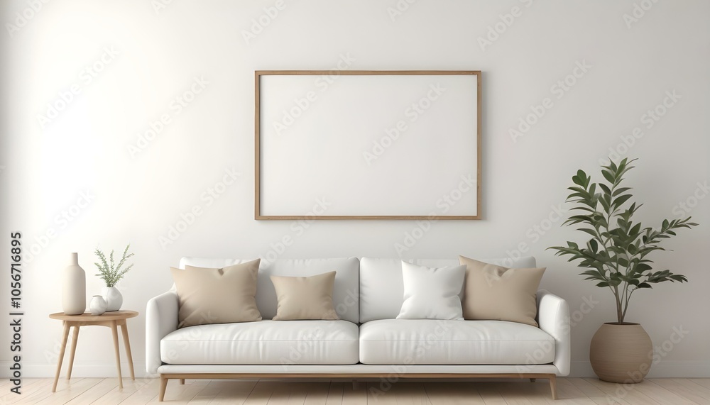 Naklejka premium A minimalist living room with a white sofa, beige throw pillows, and a wooden frame on the wall