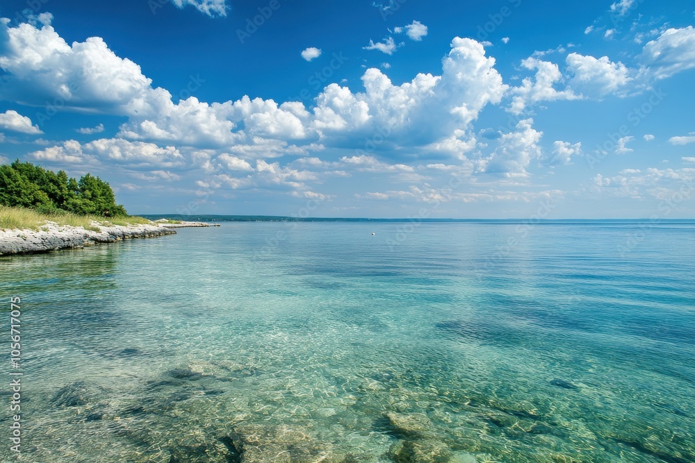 Untouched coast featuring transparent waters and blue heavens embellished with clouds, perfect for a charming summer retreat Untouched coast featuring transparent waters and blue heavens embellished with clouds, perfect for a charming summer retreat