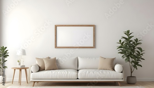 A minimalist living room with a white sofa, beige throw pillows, and a wooden frame on the wall