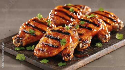 Deliciously grilled chicken wings with a savory glaze, garnished with fresh herbs on a wooden platter, perfect for any gathering.