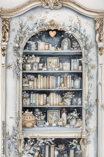 Charming vintage bookshelf adorned with decorative items and books in a cozy, softly lit room