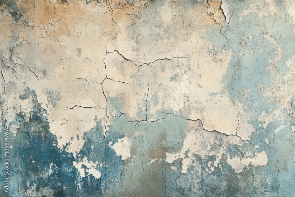 Obraz premium Muted pastel shades of azure, mocha, cream, and slate form a retro-styled textured background, showcasing a worn, fractured concrete surface. Perfect for diverse design applications