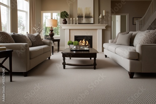 living room with Berber carpet on the floor in neutral beige color