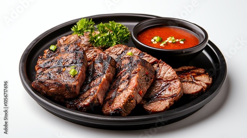 Delicious grilled steak served on a black platter with fresh herbs and a side of tangy sauce, perfect for gourmet dining.