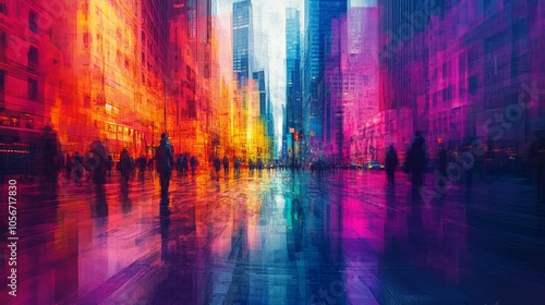 Abstract Cityscape with Silhouetted Figures and Vibrant Colors