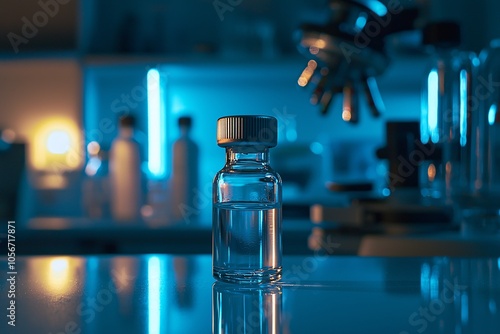 A detailed view of a vial containing a hormone inhibitor positioned on a clean laboratory surface, surrounded by various scientific tools. photo