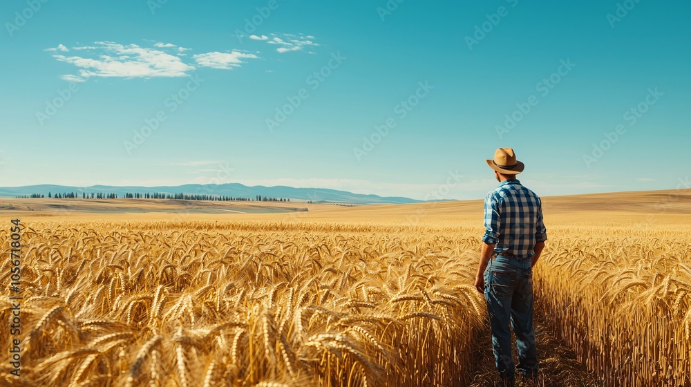 A diligent farmer examines sun-kissed fields of ripe grain beneath a bright azure sky, embodying the spirit of dedication and cultivation. A diligent farmer examines sun-kissed fields of ripe grain beneath a bright azure sky, embodying the spirit of dedication and cultivation.