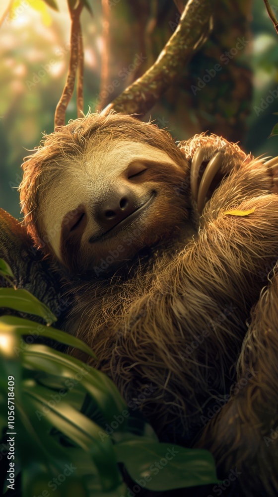 Fototapeta premium Close-up of a smiling sloth relaxing in a lush green jungle, showcasing its serene and peaceful expression.