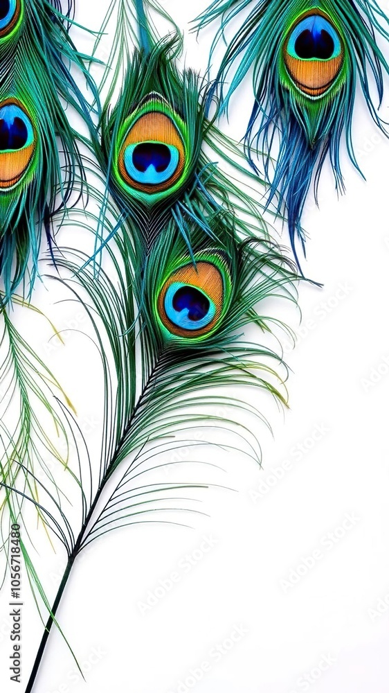 Obraz premium Vibrant peacock feathers in shades of blue, green, and gold placed on a clean white background, gold, vibrant, bright