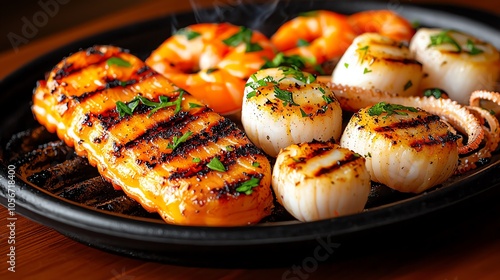 Delicious grilled seafood platter with shrimp, scallops, and salmon. Perfect for gourmet dining and food photography. photo