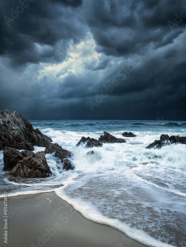 A tempestuous sky casts shadows over an abandoned shore, where tumultuous waves collide with stones, showcasing natures splendor challenged by environmental shifts. photo