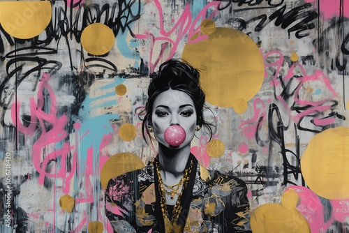 Street art featuring a woman with bubble gum against a colorful graffiti background in an urban setting