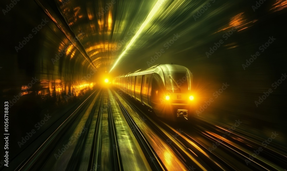 A train is traveling down a track with a bright yellow light in the background A train is traveling down a track with a bright yellow light in the background