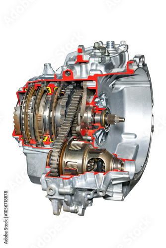 Obraz na płótnie Modern automatic car transmission showing gears and shafts on white background w salonie