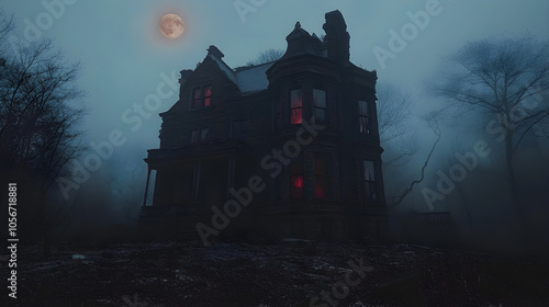 Spooky Victorian Mansion with Glowing Red Windows Under Full Moon in Misty Night.