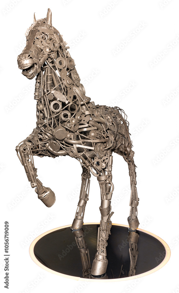 Metallic horse sculpture exhibiting strength and grace