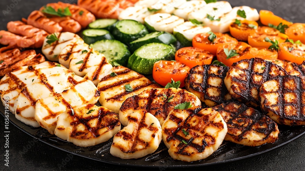 A vibrant platter of grilled vegetables and cheeses, showcasing a variety of colors and textures, perfect for a summer feast. A vibrant platter of grilled vegetables and cheeses, showcasing a variety of colors and textures, perfect for a summer feast.
