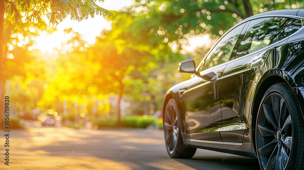 Black car parked on a sunny street with green foliage.. Black car parked on a sunny street with green foliage..
