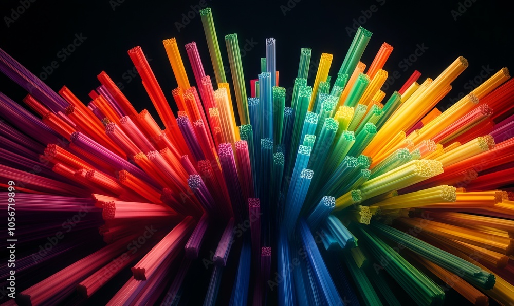 A vibrant collection of colorful rods arranged in a dynamic pattern, showcasing an explosion of hues against a dark background A vibrant collection of colorful rods arranged in a dynamic pattern, showcasing an explosion of hues against a dark background