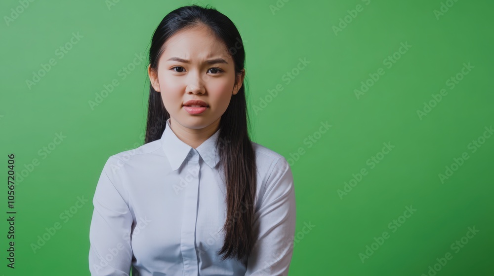 The Asian businesswoman standing on the pastel green background.
The Asian businesswoman standing on the pastel green background.