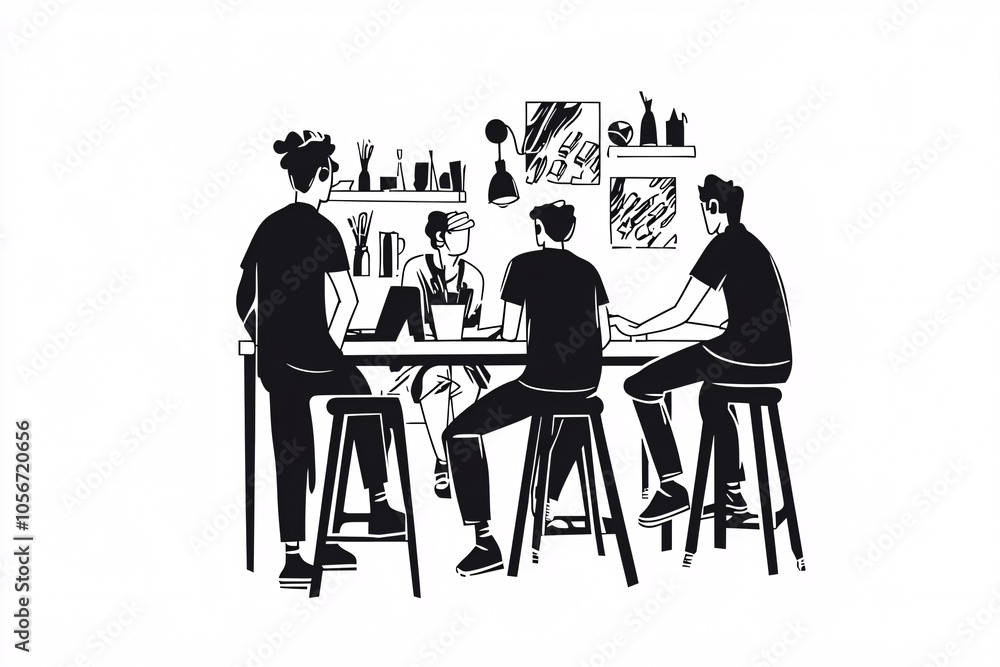 illustration of team members collaborating in a contemporary workspace, highlighting creativity and teamwork against a white background. illustration of team members collaborating in a contemporary workspace, highlighting creativity and teamwork against a white background.
