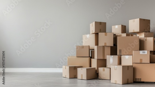 Stacked cardboard boxes in an empty room with gray walls and wooden floor, symbolizing storage or relocation. photo