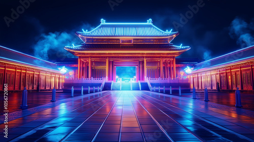 Illuminated traditional temple at night