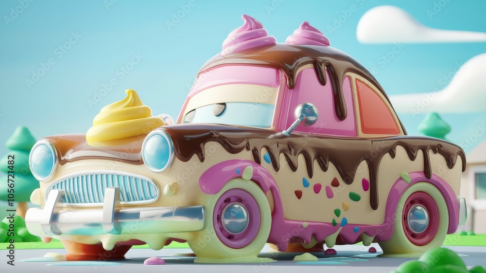 Cartoon-style car covered in ice cream and sprinkles in whimsical setting