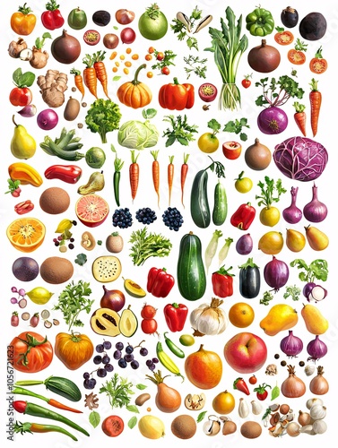 Vibrant graphic of assorted fruits and vegetables artistically arranged on a white background.