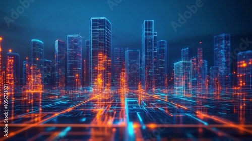 Wallpaper Mural Futuristic Cityscape with Glowing Blue and Orange Lines Torontodigital.ca