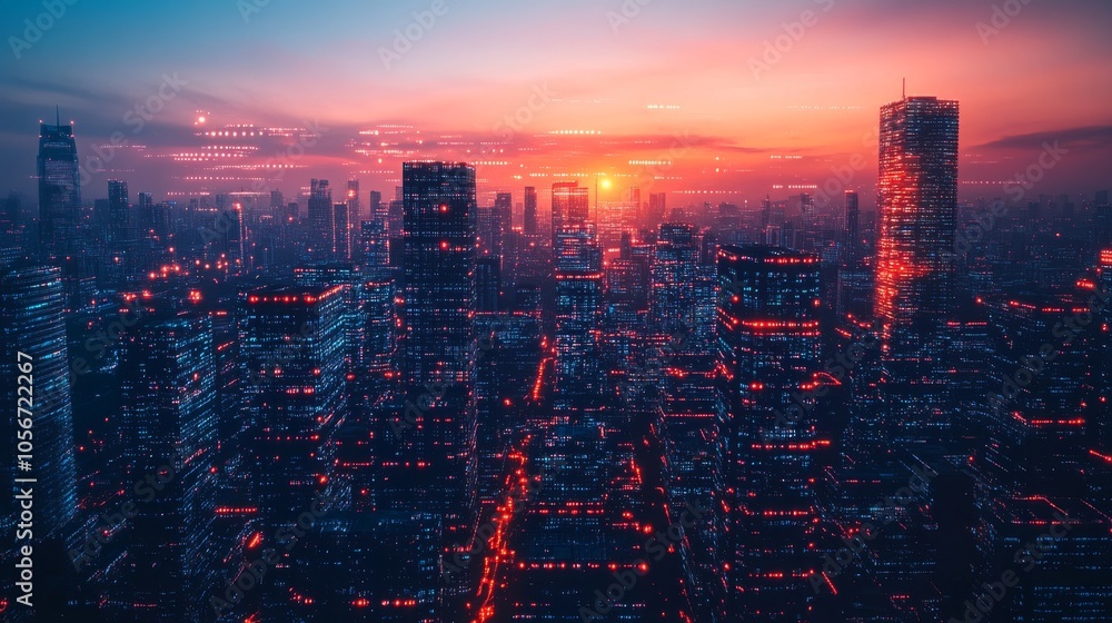 Futuristic Cityscape with Red and Blue Lights at Sunset Futuristic Cityscape with Red and Blue Lights at Sunset