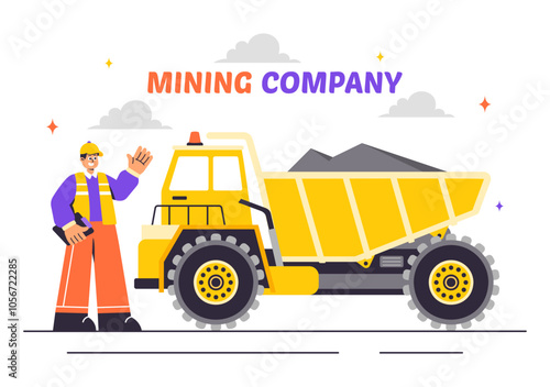 Mining Company Vector Illustration Featuring Heavy Yellow Dumper Trucks for Industrial Sand Mining Process or Transportation in a Flat Background