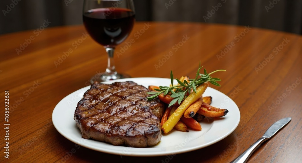 A hearty steak dinner with grilled vegetables and a glass of red wine A hearty steak dinner with grilled vegetables and a glass of red wine