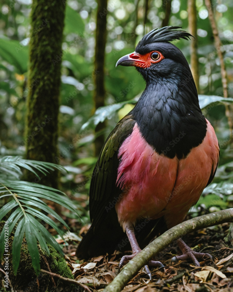 A Maleo bird carefully nests on Sulawesi's forest floor, its striking black-and-pink plumage contrasting with the earth, symbolizing Indonesia's unique wildlife.