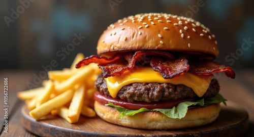 A juicy burger with melted cheese, crispy bacon