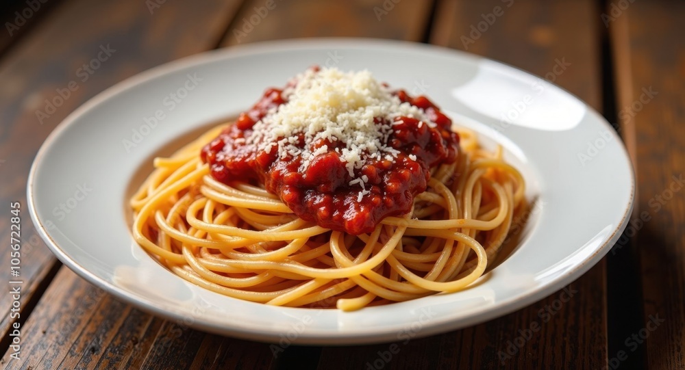 A plate of homemade spaghetti with marinara sauce and parmesan A plate of homemade spaghetti with marinara sauce and parmesan