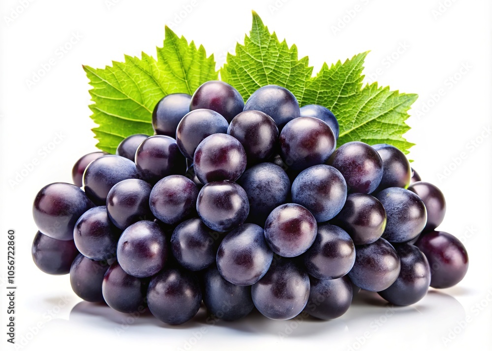 Fototapeta premium Fresh Black Grapes with Leaf on White Background - Beautiful Still Life Photography