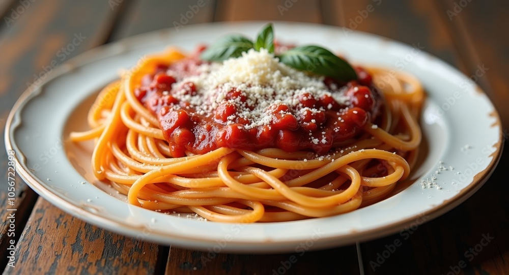 A plate of homemade spaghetti with marinara sauce and parmesan A plate of homemade spaghetti with marinara sauce and parmesan