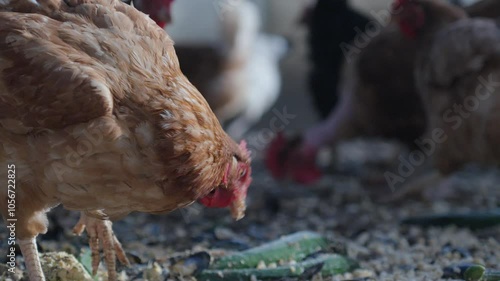 Slow motion shot of chickens walking around the coop looking for food photo