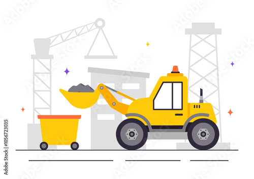 Mining Company Vector Illustration Featuring Heavy Yellow Dumper Trucks for Industrial Sand Mining Process or Transportation in a Flat Background