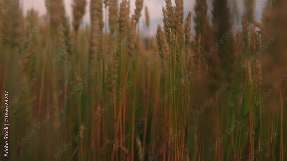 Ripe wheat harvest. Golden ears of grain slowly sway in wind closeup. Ripening wheat field on summer evening. Agricultural industry Ripe wheat harvest. Golden ears of grain slowly sway in wind closeup. Ripening wheat field on summer evening. Agricultural industry