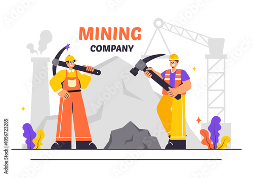 Mining Company Vector Illustration Featuring Heavy Yellow Dumper Trucks for Industrial Sand Mining Process or Transportation in a Flat Background