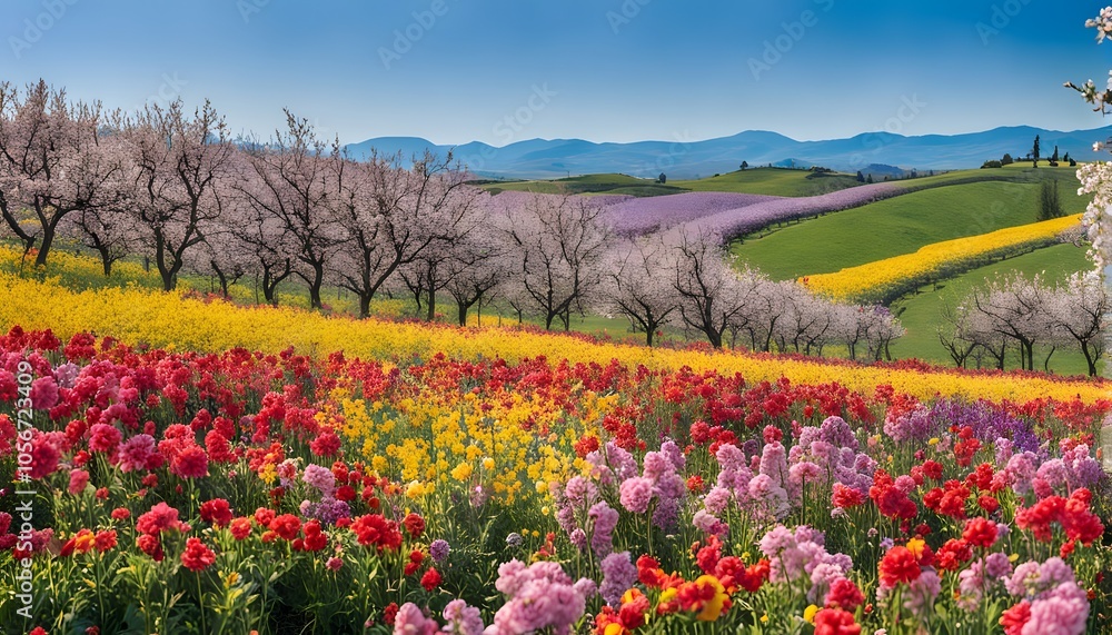 A vibrant flower orchard in full bloom with colorful blossoms of red yellow pink and purple, AI Generated A vibrant flower orchard in full bloom with colorful blossoms of red yellow pink and purple, AI Generated