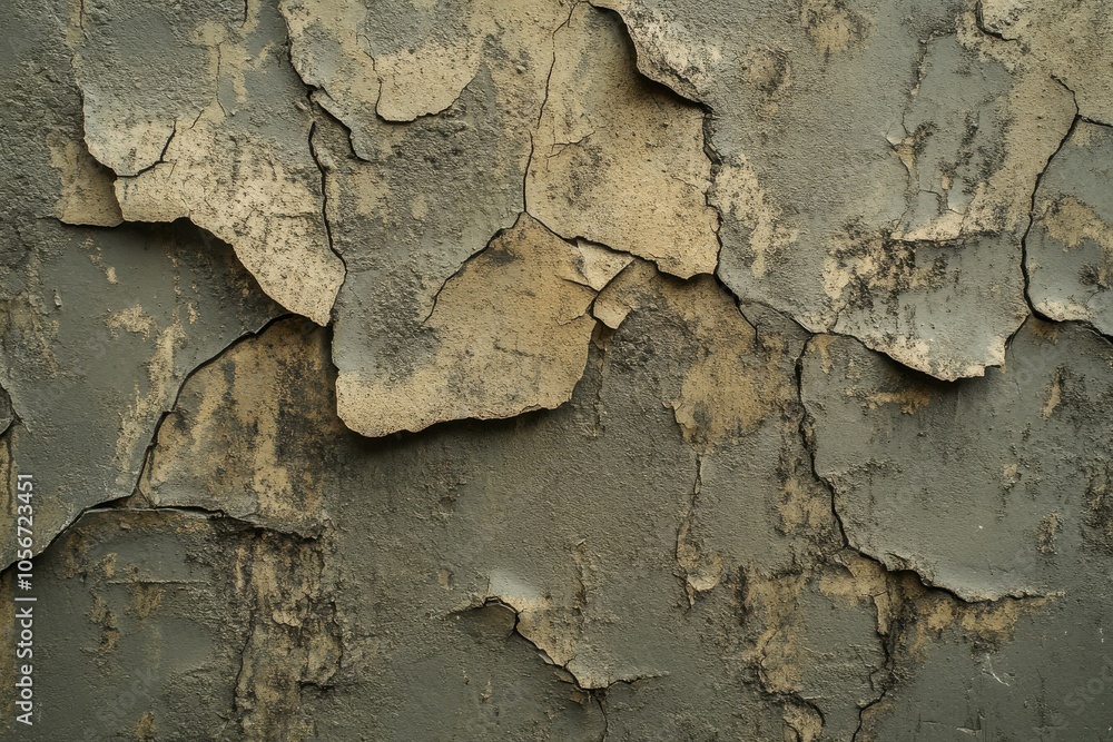 Obraz premium Old olive-colored concrete background. Rich earthy shade. Intricate viewpoint. Rough surface for imagination. Battered, broken, cracked, seasoned