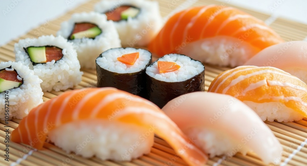 A sushi platter with nigiri and sashimi arranged elegantly A sushi platter with nigiri and sashimi arranged elegantly
