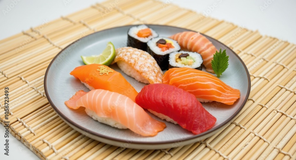 A sushi platter with nigiri and sashimi arranged elegantly A sushi platter with nigiri and sashimi arranged elegantly