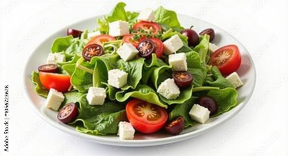 A vibrant salad with mixed greens, cherry tomatoes A vibrant salad with mixed greens, cherry tomatoes