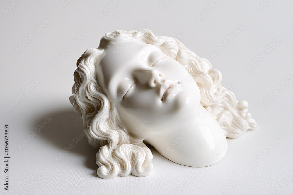 A finely crafted doll head reclines gracefully on a pristine backdrop, highlighting its exquisite details and enduring charm. A finely crafted doll head reclines gracefully on a pristine backdrop, highlighting its exquisite details and enduring charm.