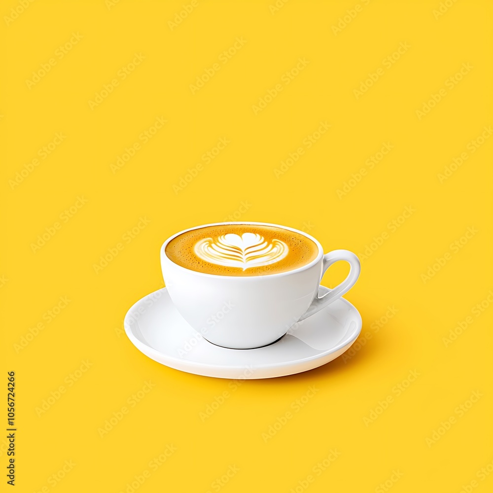 White Coffee Cup with Latte Art on Yellow Background White Coffee Cup with Latte Art on Yellow Background
