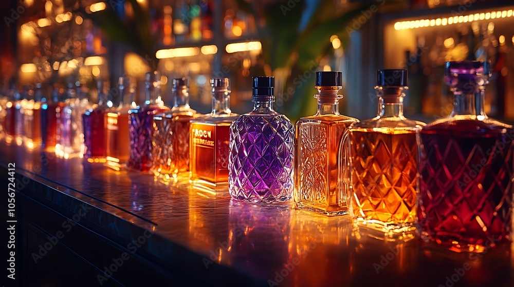 Softly lit elegant spirits bottles creating a cozy ambiance Softly lit elegant spirits bottles creating a cozy ambiance